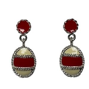 Dangle Silver and Cream and Red Enamel Earrings